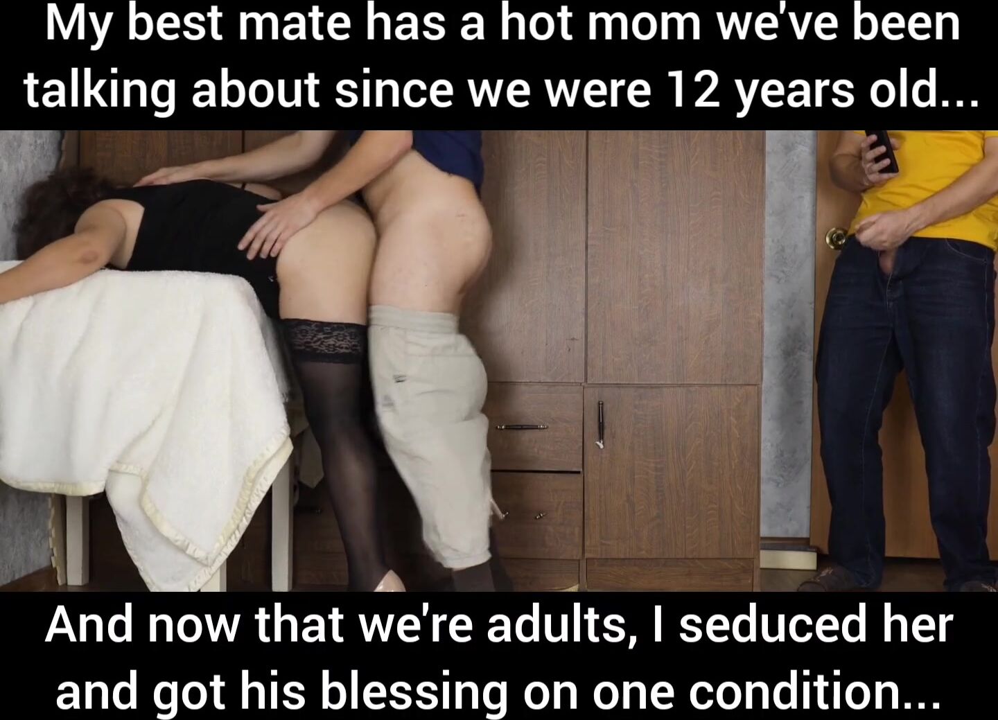 Friend helps his best mate with his Mom