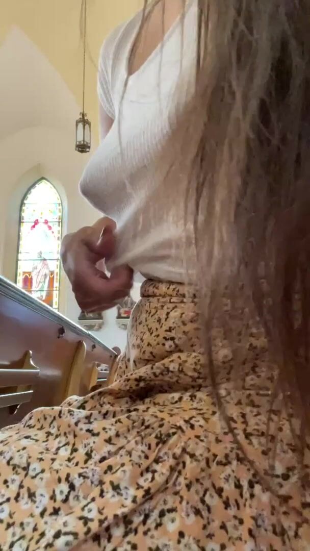 At church, pretending to cool myself off while showing you my tits *sound on